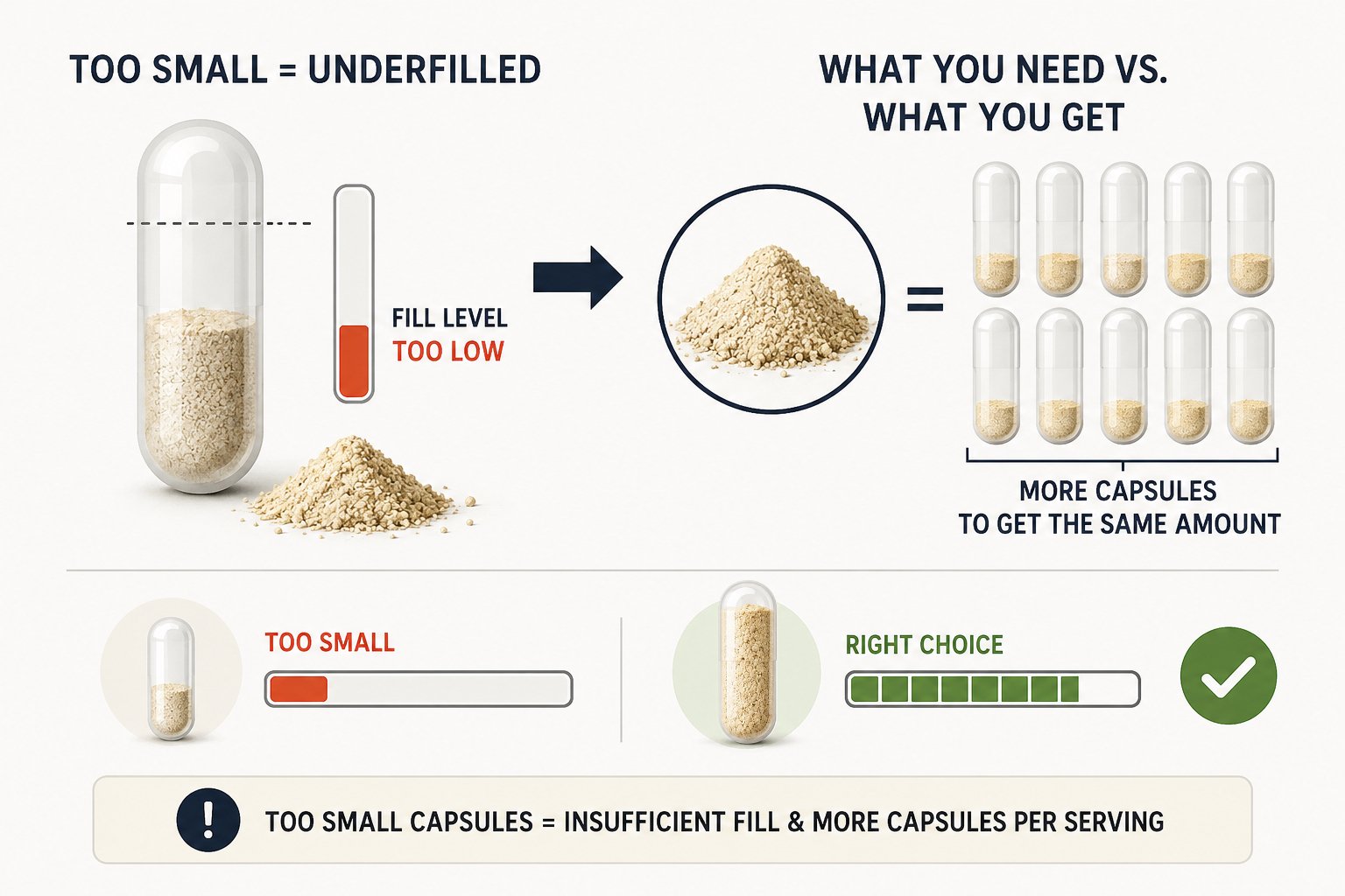 Small capsules with supplement powder showing fill limitations