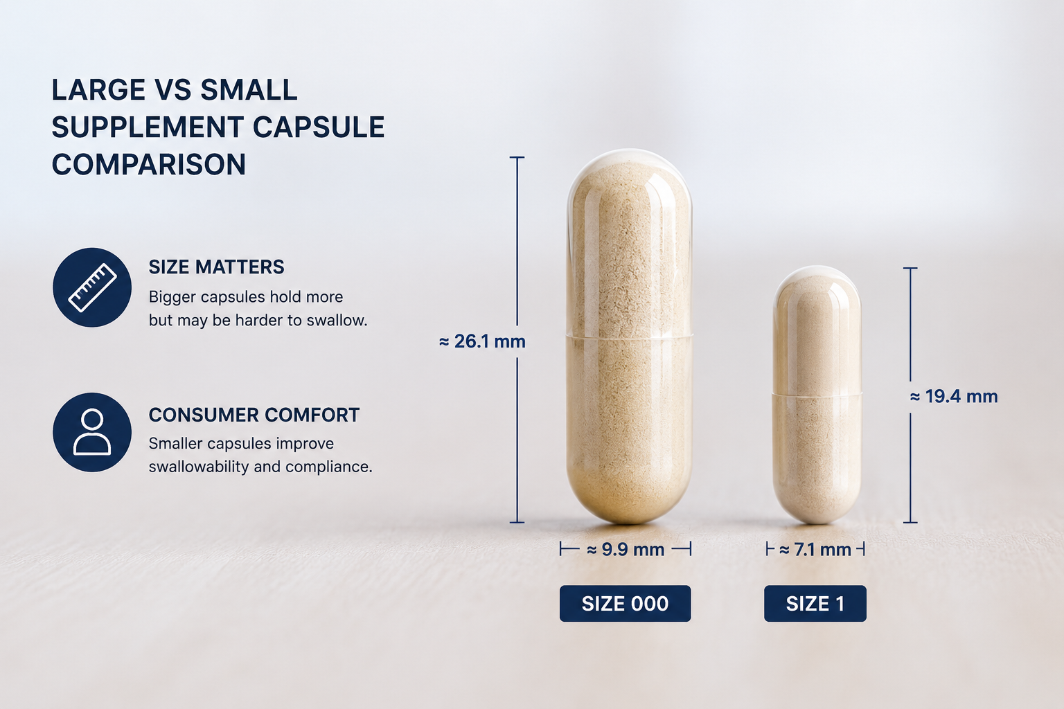 Large capsule next to small capsule showing size difference
