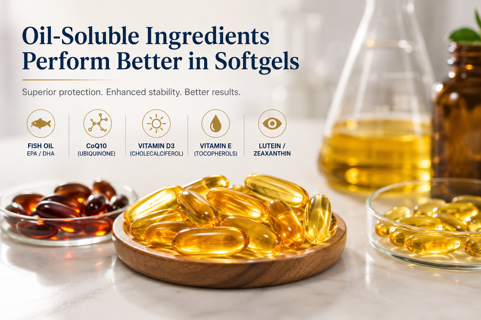 oil-soluble ingredients best suited for softgel encapsulation oil-soluble supplement ingredients like fish oil and CoQ10 in softgel format
