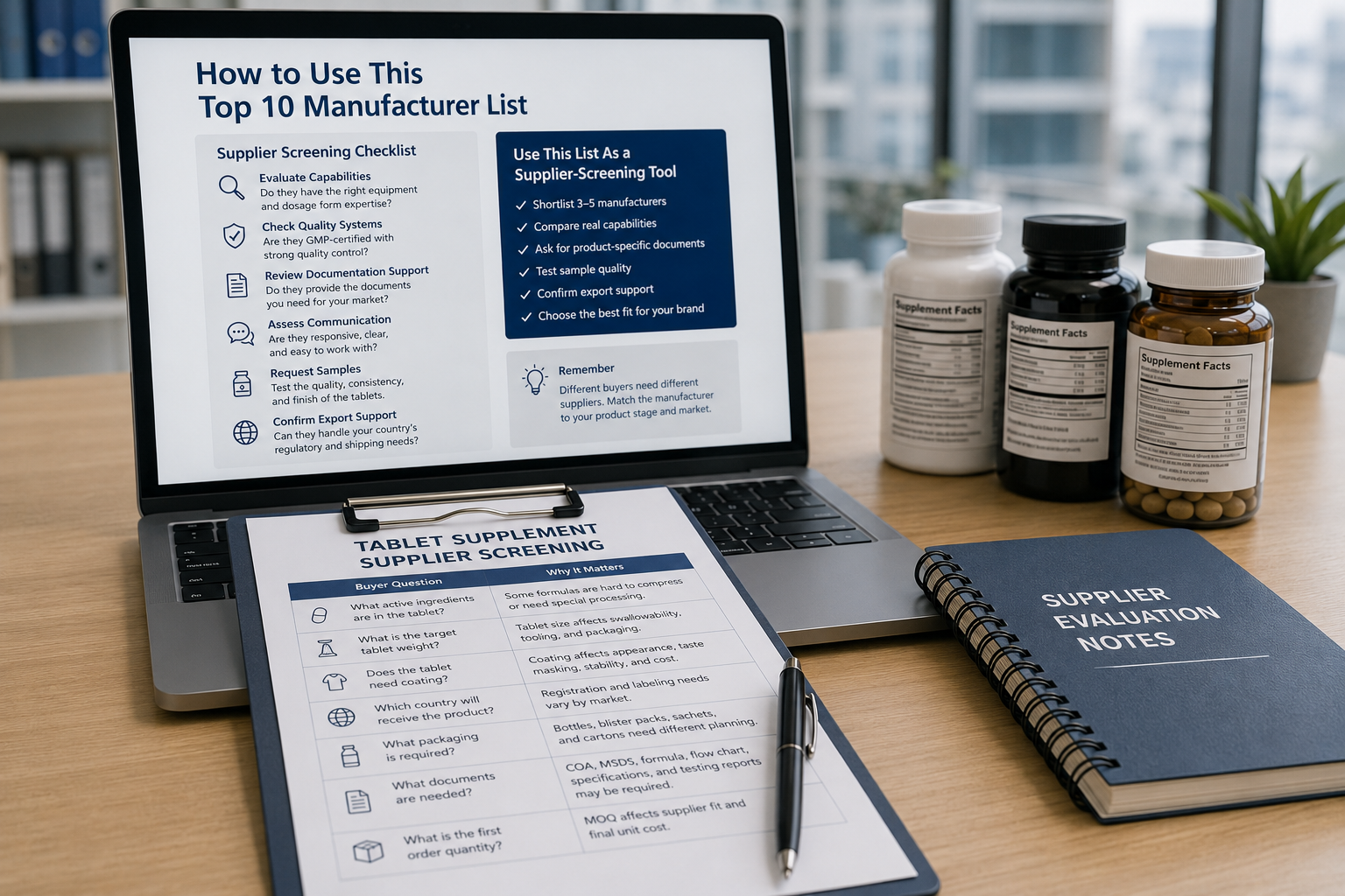 tablet supplement manufacturers supplier screening checklist